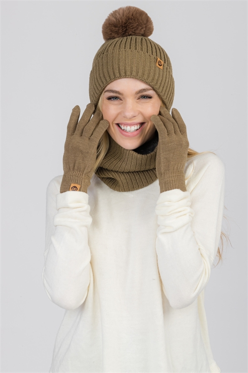 S29-1-2-WSHT-414-EASY DETACHABLE POMPOM BEANIE  WITH INFINITY SCARF AND GLOVES 5 ASSORTED COLORS/12PCS