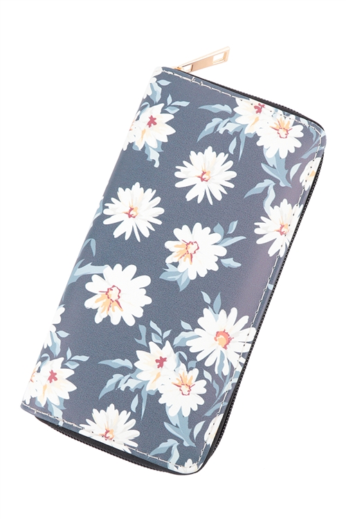 S22-6-2-WT326X327 - WHITE DAISY PRINT LEATHER ZIPPER WALLET-BLACK/1PC