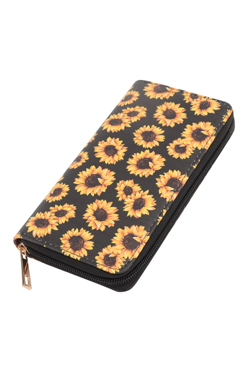 S22-12-1-WT377X273 - SUNFLOWER PRINT LEATHER ZIPPER WALLET-BLACK/1PC