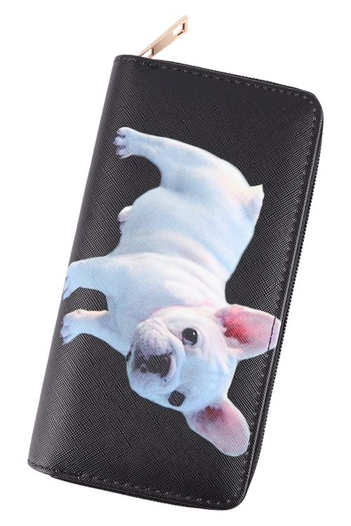 S21-10-1-WT377X290 - CUTE PUPPY BULLDOG PRINT LEATHER ZIPPER WALLET-BLACK/1PC