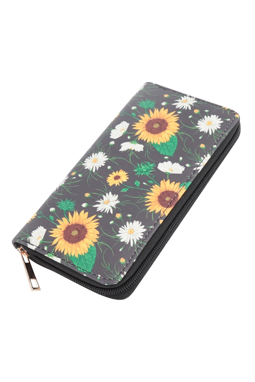 S20-11-1-WT377X291 - SUNFLOWER PRINT LEATHER ZIPPER WALLET-BLACK/1PC