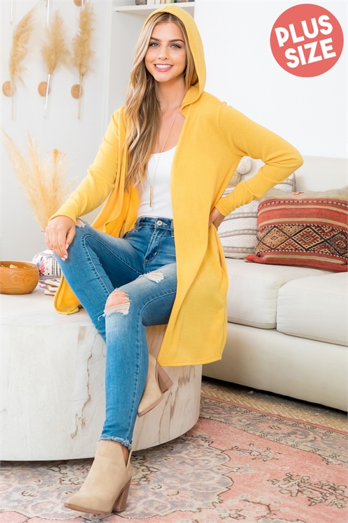 S16-8-4-YMC30001X-LTMU-1 - PLUS SIZE LONG SLEEVE OPEN FRONT HOODIE CARDIGAN- LIGHT MUSTARD 2-2-0