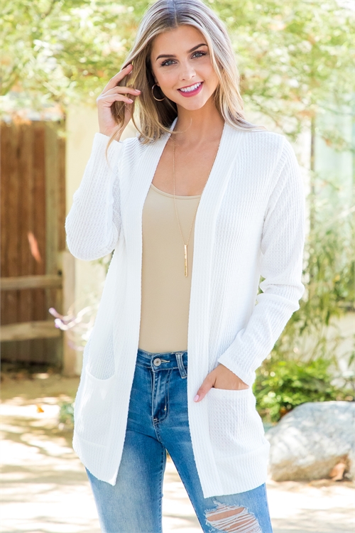 S9-14-1-YMC30002-IV - LONG SLEEVE OPEN FRONT RIB CARDIGAN- IVORY 1-2-2-2