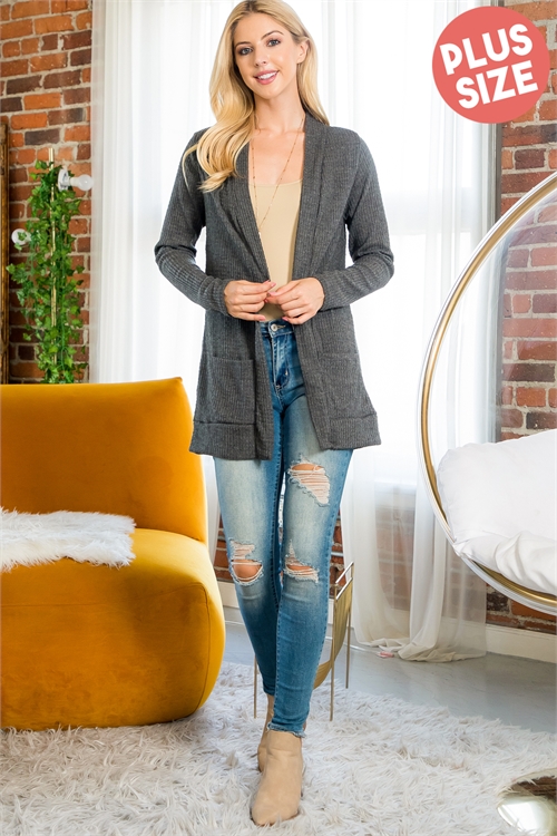 S10-16-3-YMC30002X-CHL - PLUS SIZE LONG SLEEVE OPEN FRONT RIB CARDIGAN- CHARCOAL 3-2-1