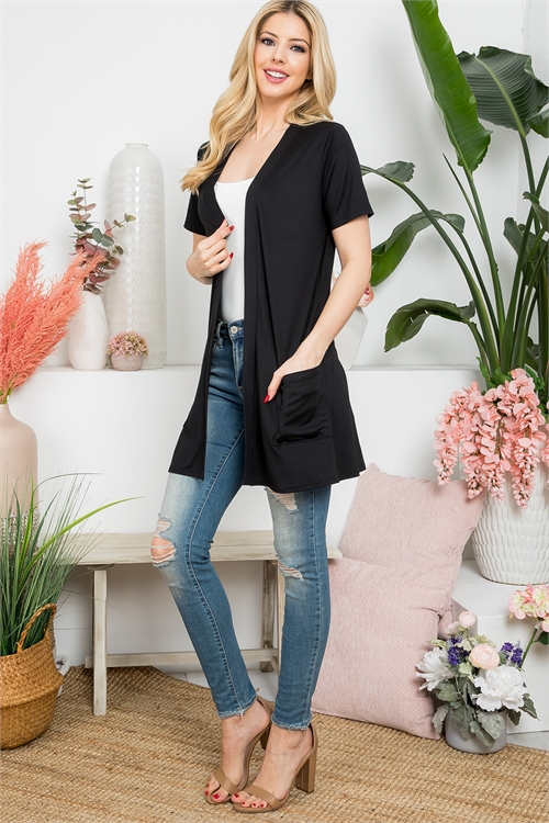 S9-20-2-YMC30008V-BK - SHORT SLEEVE OPEN FRONT SOLID CARDIGAN- BLACK 1-2-2-2