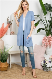 S10-18-1-YMC30008V-DSTBL - SHORT SLEEVE OPEN FRONT SOLID CARDIGAN- DUSTY BLUE 1-2-2-2