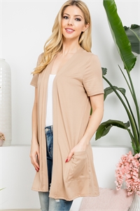 S10-19-2-YMC30008V-TPR - SHORT SLEEVE OPEN FRONT SOLID CARDIGAN- TAUPE R 1-2-2-2
