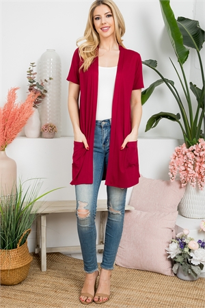 S13-7-1-YMC30008V-WN - SHORT SLEEVE OPEN FRONT SOLID CARDIGAN- WINE 1-2-2-2
