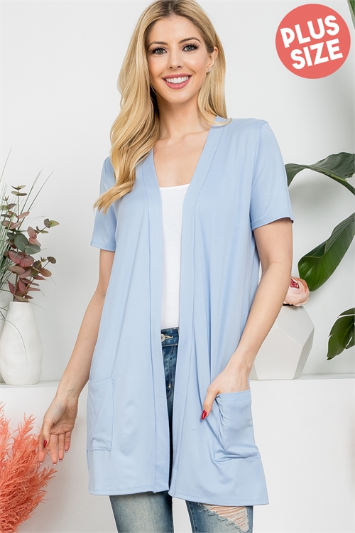 S7-7-2-YMC30008XV-BLSP - PLUS SIZE SHORT SLEEVE OPEN FRONT SOLID CARDIGAN- BLUE SPRING 3-2-1