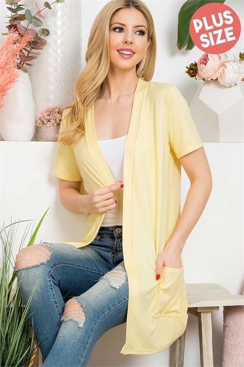 S5-9-3-YMC30008XV-BNN - PLUS SIZE SHORT SLEEVE OPEN FRONT SOLID CARDIGAN- BANANA 3-2-1