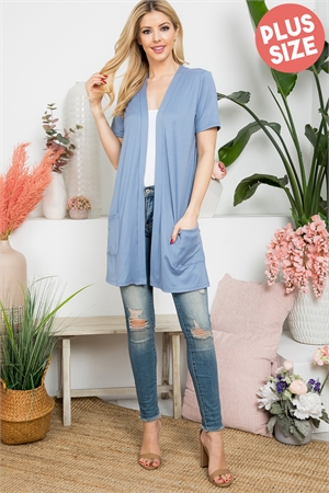 S16-1-4-YMC30008XV-DSTBL - PLUS SIZE SHORT SLEEVE OPEN FRONT SOLID CARDIGAN- DUSTY BLUE 3-2-1