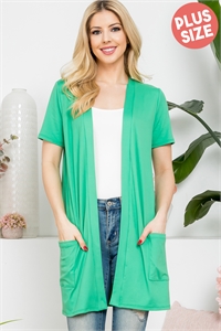 S6-7-3-YMC30008XV-GNLT - PLUS SIZE SHORT SLEEVE OPEN FRONT SOLID CARDIGAN- GREEN LT. 3-2-1