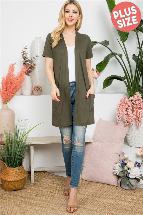 S7-7-2-YMC30008XV-OV - PLUS SIZE SHORT SLEEVE OPEN FRONT SOLID CARDIGAN- OLIVE 3-2-1