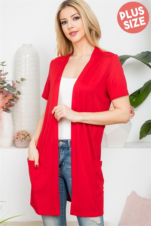 SA4-7-3-YMC30008XV-RD - PLUS SIZE SHORT SLEEVE OPEN FRONT SOLID CARDIGAN- RED 3-2-1