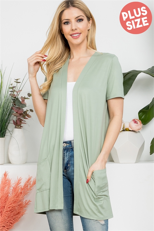 S5-9-3-YMC30008XV-SG - PLUS SIZE SHORT SLEEVE OPEN FRONT SOLID CARDIGAN- SAGE 3-2-1