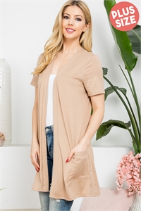 S6-10-2-YMC30008XV-TPR - PLUS SIZE SHORT SLEEVE OPEN FRONT SOLID CARDIGAN- TAUPE R 3-2-1