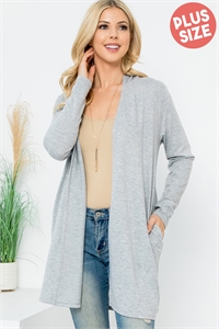 S13-2-2-YMC30009XV-HGLT - PLUS SIZE LONG SLEEVE OPEN FRONT FRENCH TERRY HOODIE CARDIGAN- HEATHER GREY LT. 3-2-1