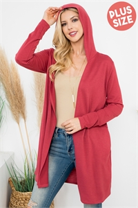 S14-1-3-YMC30009XV-MAR - PLUS SIZE LONG SLEEVE OPEN FRONT FRENCH TERRY HOODIE CARDIGAN- MARSALA 3-2-1