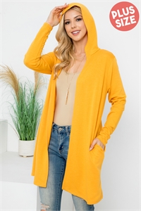 S11-6-3-YMC30009XV-MU - PLUS SIZE LONG SLEEVE OPEN FRONT FRENCH TERRY HOODIE CARDIGAN- MUSTARD 3-2-1