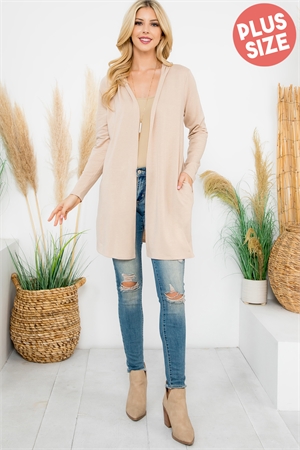 S12-3-2-YMC30009XV-STN - PLUS SIZE LONG SLEEVE OPEN FRONT FRENCH TERRY HOODIE CARDIGAN- STONE 3-2-1