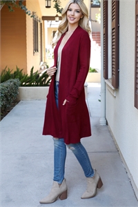 S6-8-2-YMC30010V-RBDK - SOLID LONG SLEEVE OPEN FRONT CARDIGAN- RUBY DK 1-1-1-1