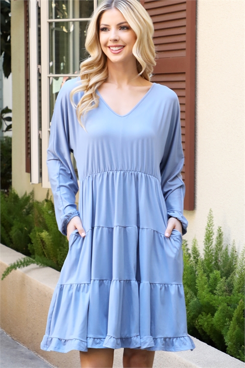 S15-8-2-YMD10002V-DSTBL - SOLID LONG SLEEVE TIERED RUFFLE DRESS- DUSTY BLUE 1-2-2-1