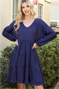 S16-7-2-YMD10002V-NV - SOLID LONG SLEEVE TIERED RUFFLE DRESS- NAVY 1-2-2-1