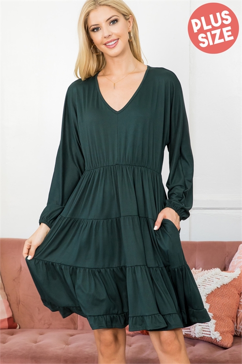 S4-8-2-YMD10002X-HTGN - PLUS SIZE SOLID ELASTIC WAIST TIERED DRESS- HUNTER GREEN 3-2-1