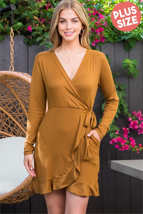 S7-8-1-YMD10003X-CPC - PLUS SIZE LONG SLEEVE SURPLICE NECKLINE DRAPE SKIRT DRESS- CAPPUCCINO 3-2-1 (NOW $9.75 ONLY! )