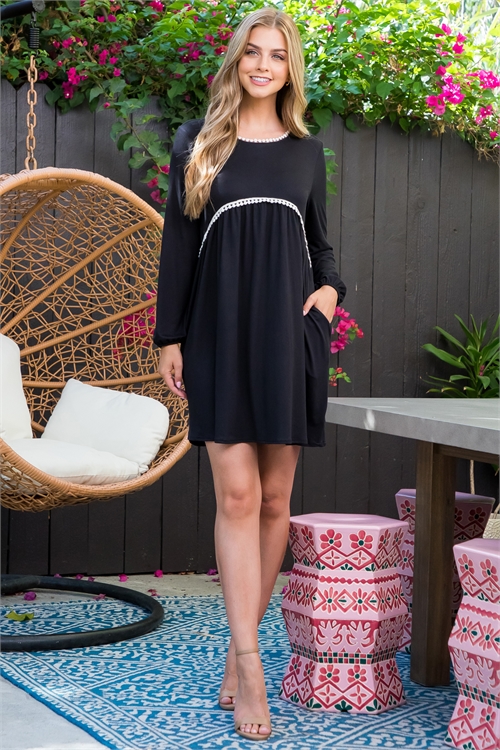 S11-12-1-YMD10004-BK - PUFF SLEEVE POMPOM DETAIL SOLID DRESS- BLACK 1-2-2-2 (NOW $7.75 ONLY!)