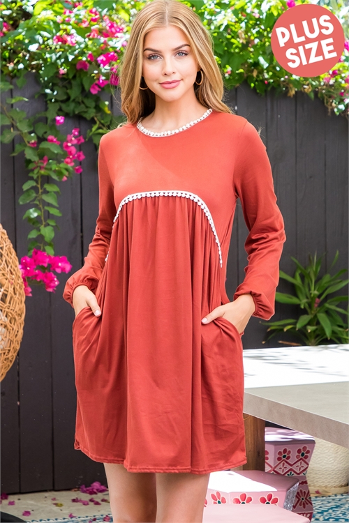S5-8-3-YMD10004X-MAR - PLUS SIZE PUFF SLEEVE POMPOM DETAIL SOLID DRESS- MARSALA 3-2-1 (NOW $8.75 ONLY! )