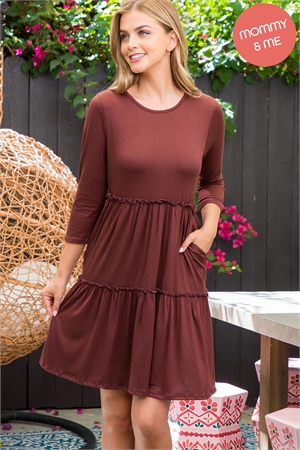 S8-8-3-YMD10006-CHRBWN - LONG SLEEVE MERROW DETAIL DRESS- CHERRY BROWN 1-2-2-2