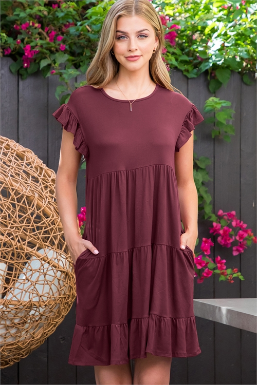 S14-7-1-YMD10008-EP-1 - RUFFLE SHORT SLEEVE TIERED SOLID DRESS- EGGPLANT 1-1-1-1