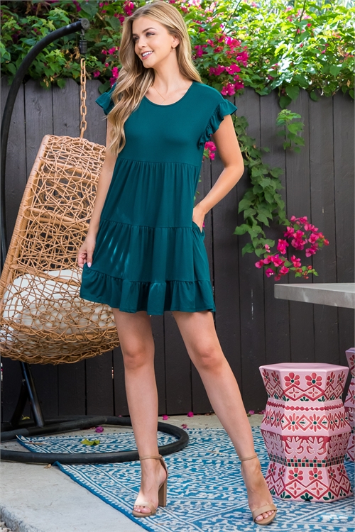 S10-11-4-YMD10008-HTGN-1 - RUFFLE SHORT SLEEVE TIERED SOLID DRESS- HUNTER GREEN 1-2-2-2