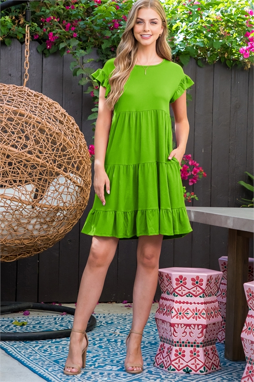 S14-11-4-YMD10008-LMGN - RUFFLE SHORT SLEEVE TIERED SOLID DRESS- LIME GREEN 1-2-2-2