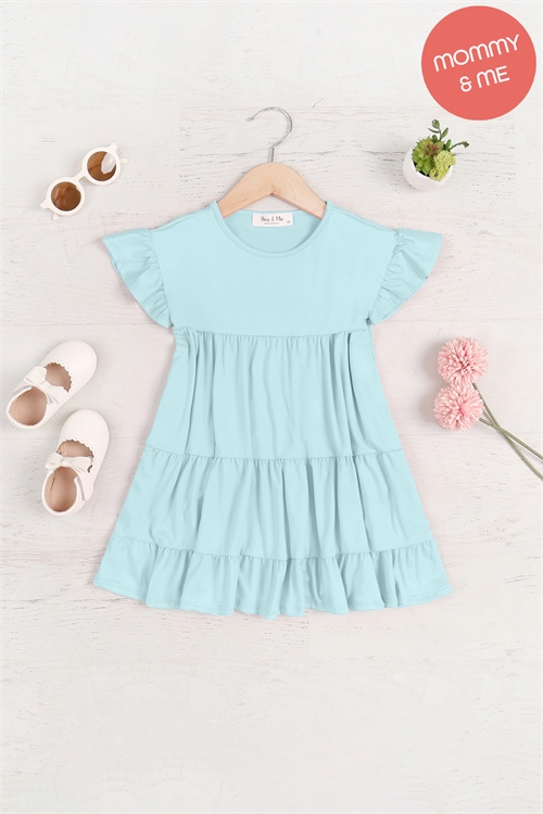 S13-3-3-YMD10008TK-AQ - KIDS RUFFLE SHORT SLEEVE TIERED SOLID DRESS- AQUA 1-1-1-1-1-1-1-1