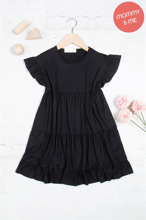 S8-12-4-YMD10008TK-BK - KIDS RUFFLE SHORT SLEEVE TIERED SOLID DRESS- BLACK 1-1-1-1-1-1-1-1