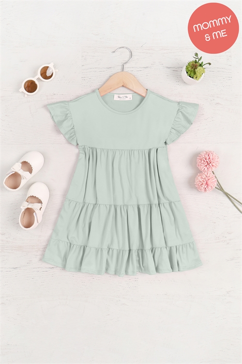 S8-12-4-YMD10008TK-SG-1 - KIDS RUFFLE SHORT SLEEVE TIERED SOLID DRESS- SAGE 1-0-1-0-0-1-1-1