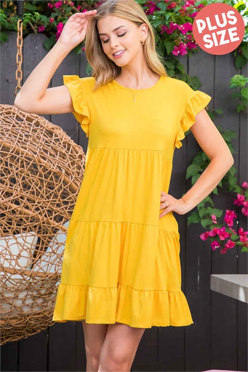 S15-11-3-YMD10008X-DJ - PLUS SIZE RUFFLE SHORT SLEEVE TIERED SOLID DRESS- DIJON 3-2-1