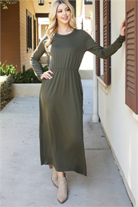 S5-10-2-YMD10010V-OV - SOLID QUARTER SLEEVE ELASTIC WAIST DRESS - OLIVE 1-2-2-1