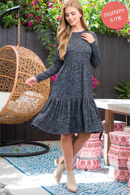 S14-2-3-YMD10012-HTRBK - LONG SLEEVE TIERED RUFFLE TRI-BLEND DRESS- HEATHER BLACK 1-2-2-2