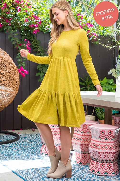 S15-9-4-YMD10012-MU-1 - LONG SLEEVE TIERED RUFFLE TRI-BLEND DRESS- MUSTARD 0-2-2-1