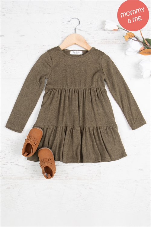 S7-8-4-YMD10012TK-DKOV - KIDS LONG SLEEVE TIERED RUFFLE TRI-BLEND DRESS- DARK OLIVE 1-1-1-1-1-1-1-1