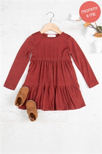 S8-3-4-YMD10012TK-MAR - KIDS LONG SLEEVE TIERED RUFFLE TRI-BLEND DRESS- MARSALA 1-1-1-1-1-1-1-1