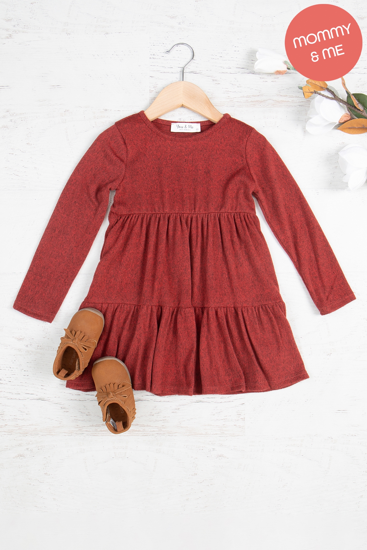 S8-3-4-YMD10012TK-MAR - KIDS LONG SLEEVE TIERED RUFFLE TRI-BLEND DRESS- MARSALA 1-1-1-1-1-1-1-1