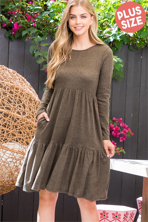 S10-19-5-YMD10012X-DKOV-1 - PLUS SIZE LONG SLEEVE TIERED RUFFLE TRI-BLEND DRESS- DARK OLIVE 1-2-1