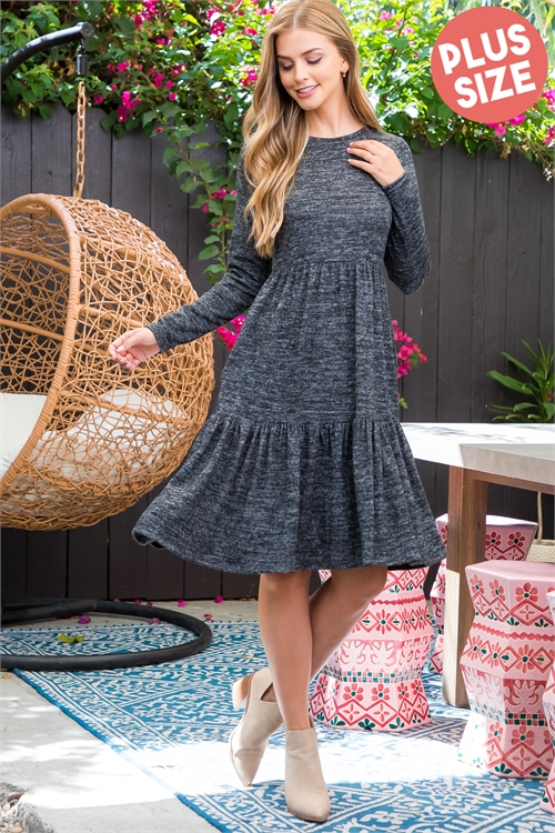 S13-10-3-YMD10012X-HTRBK - PLUS SIZE LONG SLEEVE TIERED RUFFLE TRI-BLEND DRESS- HEATHER BLACK 3-2-1