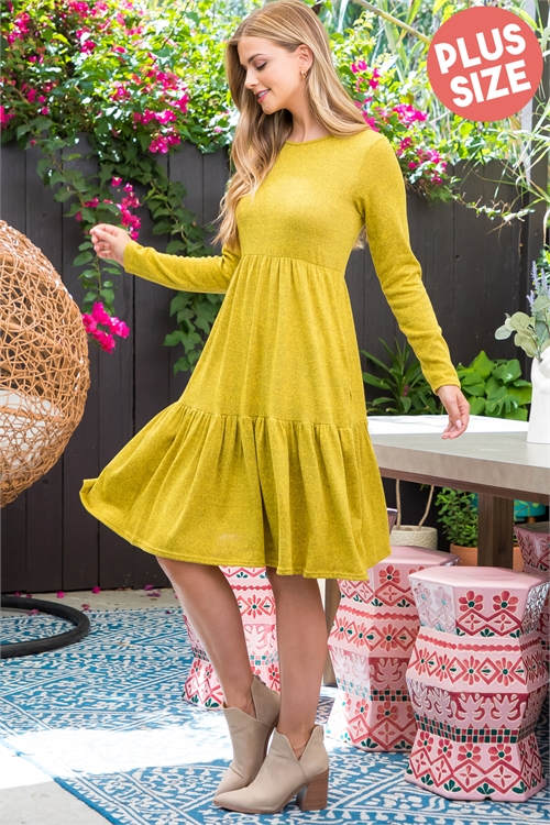 S10-19-4-YMD10012X-MU-1 - PLUS SIZE LONG SLEEVE TIERED RUFFLE TRI-BLEND DRESS- MUSTARD 0-2-1