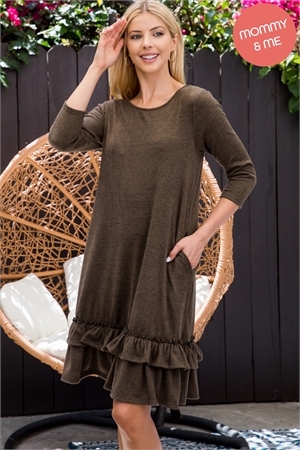 S16-10-1-YMD10016-DKOV - QUARTER SLEEVE RUFFLE HEM DETAIL DRESS- DARK OLIVE 1-2-2-2 (NOW $9.75 ONLY!)