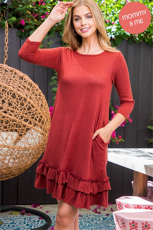 S16-2-1-YMD10016-MAR - QUARTER SLEEVE RUFFLE HEM DETAIL DRESS- MARSALA 1-2-2-2  (NOW $9.75 ONLY!)